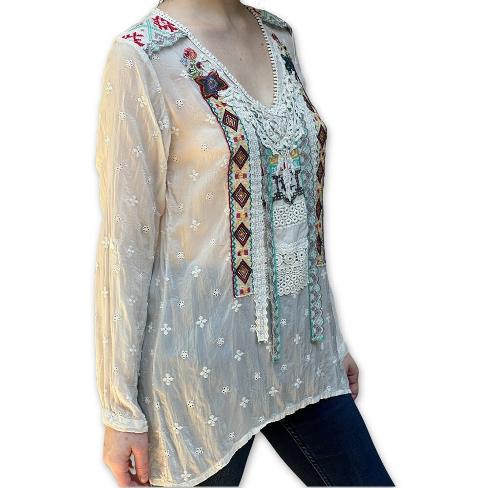 Johnny Was Embroidered Boho Applique Tunic Off White Sheer V-Neck Size S Small - Picture 3 of 5